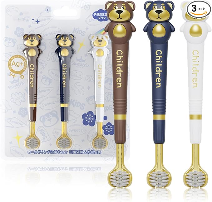 3 Sided Toothbrush for Kids, Japanese Design Triple-Angle Toothhugger, Cartoon Bear Design for Autism Toddlers, Kids Toothbrush for Aged 3-12, Soft Bristles for Gentle Gum Care (3Pack)