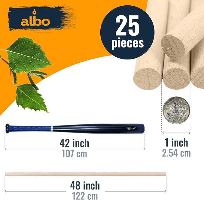 ALBO 1" x 48" Wooden Dowel Rods Set - 25 Pack Birch Natural Long Craft Sticks Rails Shelf Supports Garden Hardwood Smooth Finish Woodworking Material DIY Furniture Bulk Professional