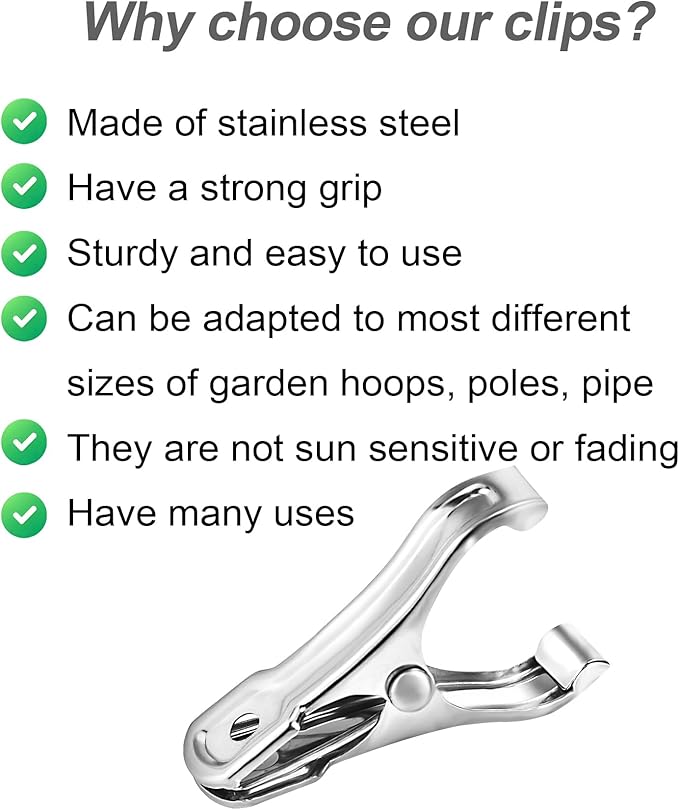 20 Pcs 2inches Gardening Clips for Netting, Greenhouse Clamps Made of Stainless Steel, Have a Strong Grip of Metal Clips, For 3/8'', 1/2'', 3/4'' Garden Hoops or Greenhouse Frame