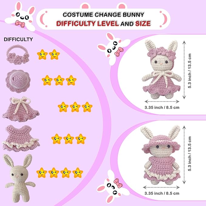 LoopMap Beginner Crochet Kit for Adults & Kids - DIY Amigurumi Bunny with Removable Dress & Accessories - Step-by-Step Video Tutorials, Extra Yarn, Crochet Tools - Handmade Gift (Bunny-Purple)