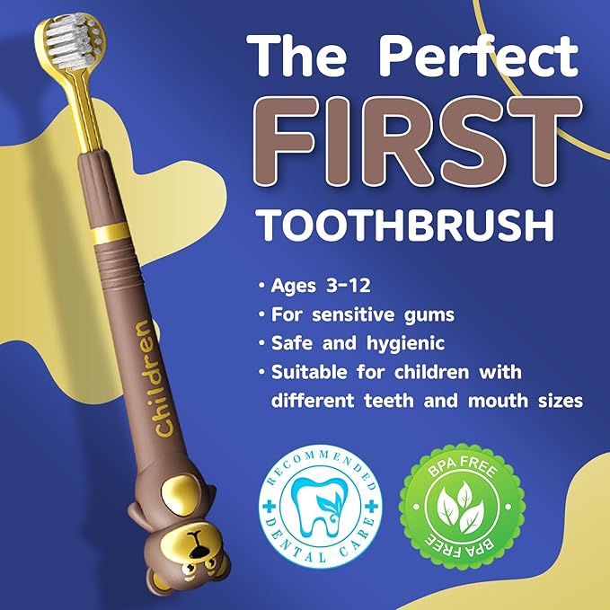 3 Sided Toothbrush for Kids, Japanese Design Triple-Angle Toothhugger, Cartoon Bear Design for Autism Toddlers, Kids Toothbrush for Aged 3-12, Soft Bristles for Gentle Gum Care (3Pack)