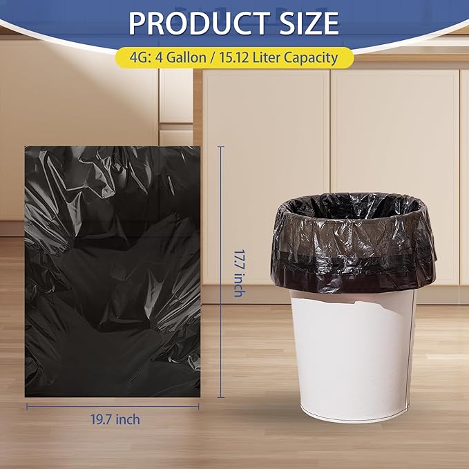 Small Trash Bags 4 Gallon - 0.94 Mil Thick 220 Count Heany Duty 15 Liters Black Garbage Bags,Leakproof Durable and Unscented Weastbasket Can Liners for Bathroom Bedroom Home