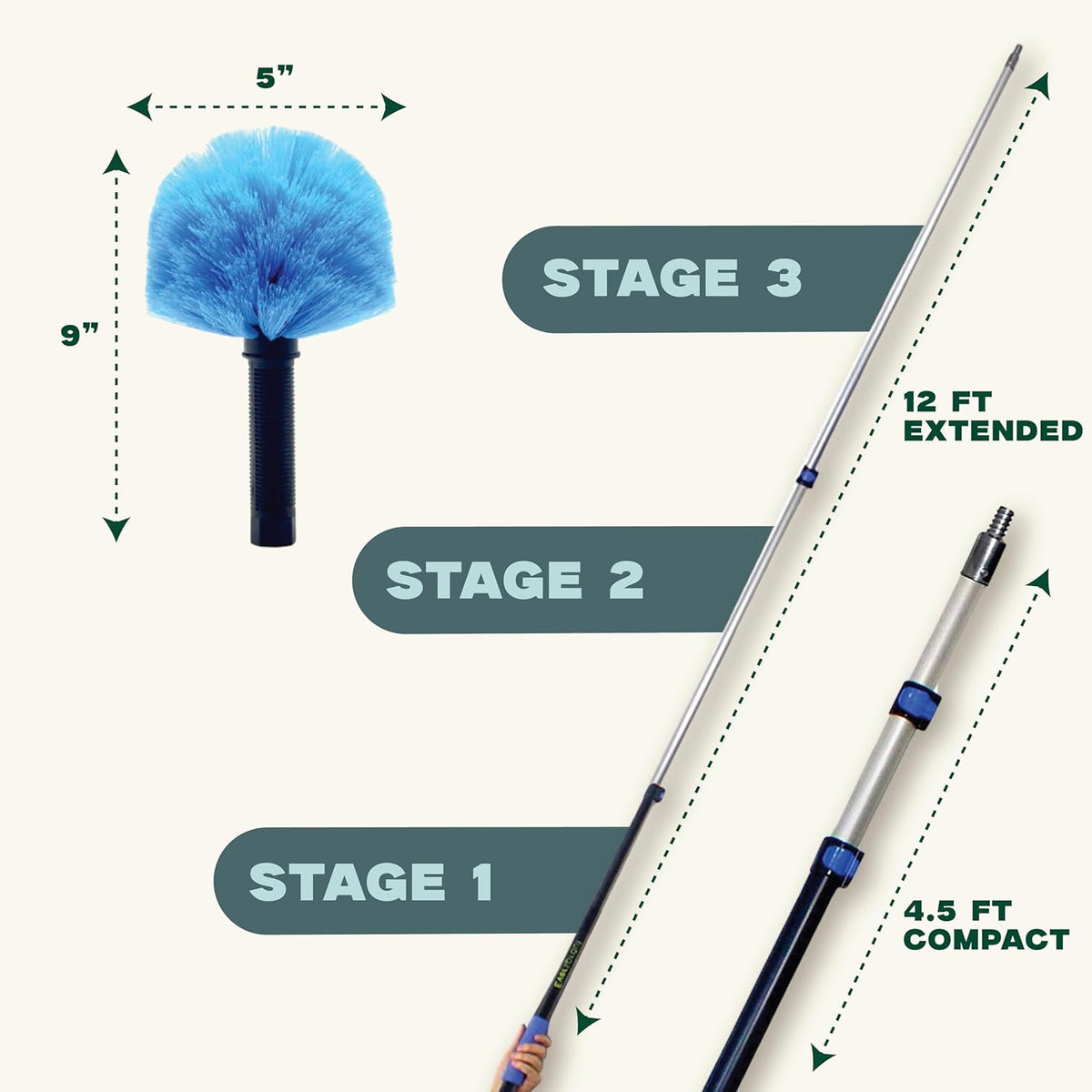 EVERSPROUT 5-to-12ft Telescoping Durable Duster with Extension Pole – Lightweight 3 Stage Cobweb Duster – Extendable to 20ft Reach for Cleaning High Ceilings and Spider Webs