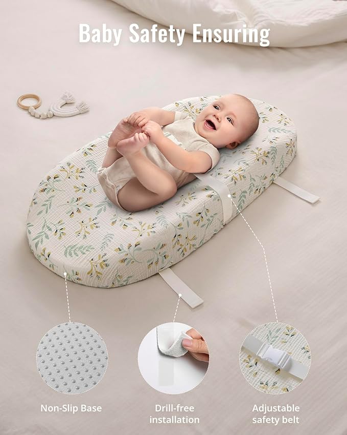 Blissful Diary Muslin Baby Changing Pad with Waterproof Lining Foam, Baby Changing Table Pad with Cover for Dressers (Botanical Leaf, Avocado)