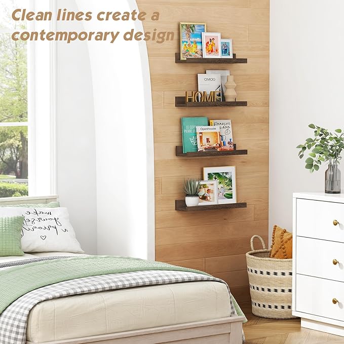 Forbena Dark Wood Nursery Floating Shelves for Wall Set of 4, Short Wall Bookshelf for Kids Bedroom, Wooden Hanging Book Shelves with Rail for Nursery Books, Baby Room Bathroom Storage (Dark Brown)