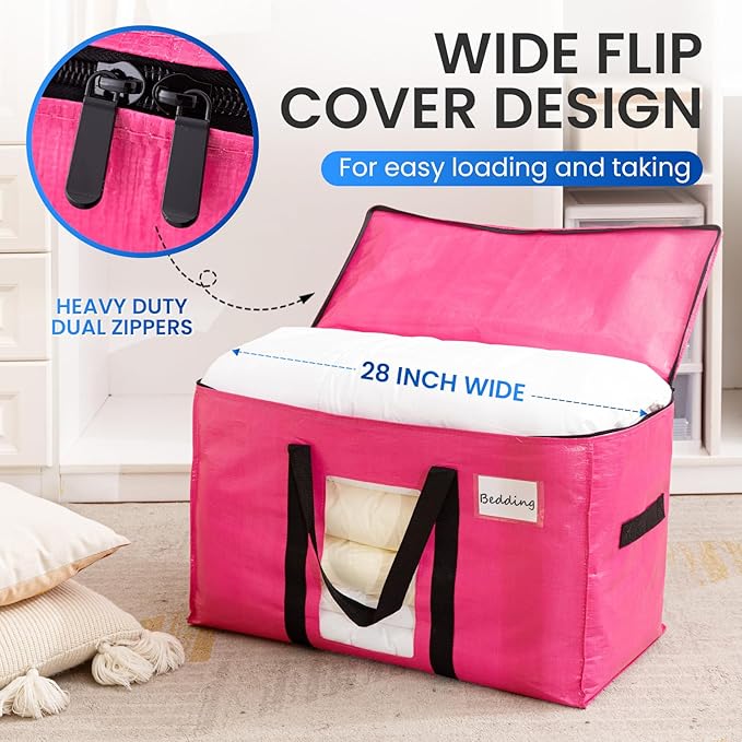 TAILI 6 Pack Pink Extra Large Moving Bags, Heavy Duty Totes with Visible Window, Wrap Around Handles, Space-Saving Storage Solution, Alternative to Moving Boxes