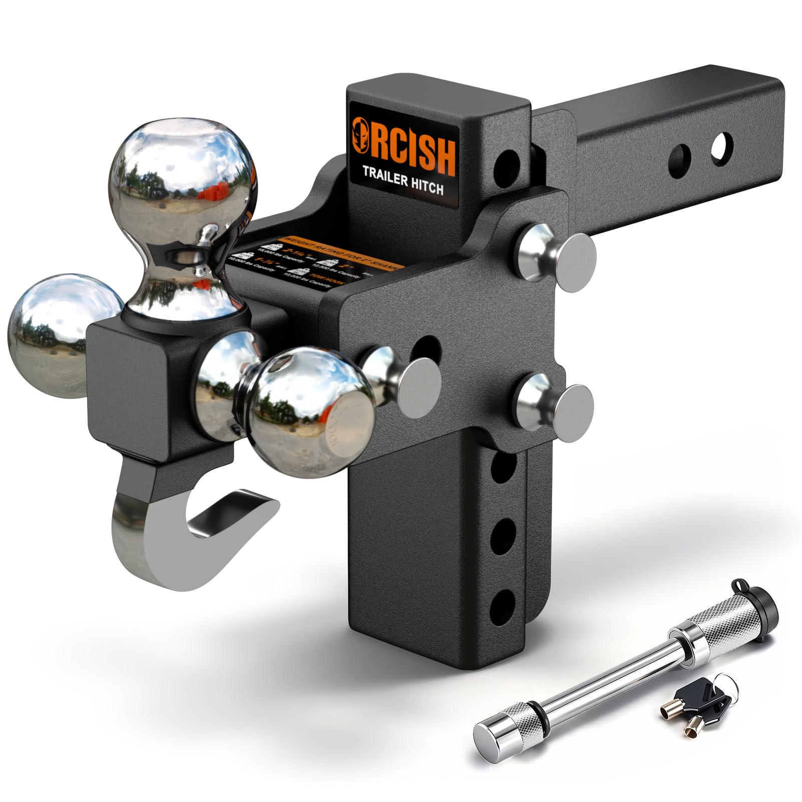 ORCISH Adjustable Rotating Trailer Hitch, 4-in-1 Tri-Ball & Tow Hook, 360 Swivel Ball Mount, 2.5 Receiver with 5 Drop/Rise, Ball