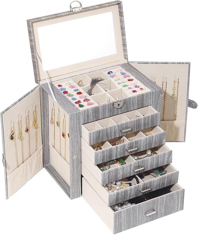 BOOVO Jewelry Box For women, 6 Layer Large Jewelry Organizer With Mirror, Accessory Holder With 5 Drawers, For Earrings Necklace Ring Bracelet (woodgrain grey)