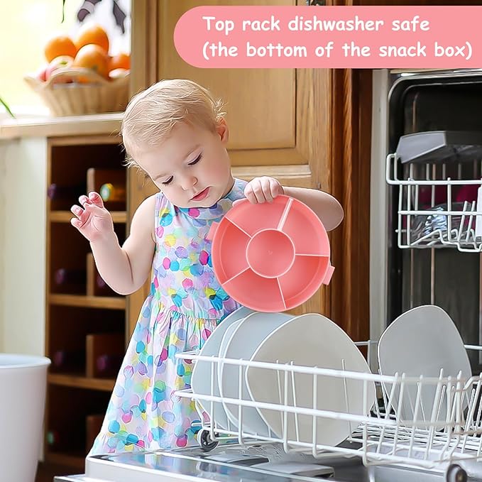 Kids Reusable Rotating Snack Container with 5 Separate Compartments, Color Matching Opening Lid, BPA/PVC-Free, Dishwasher Safe, Perfect for Travel, School Lunches & On-the-Go Snacking-Pink