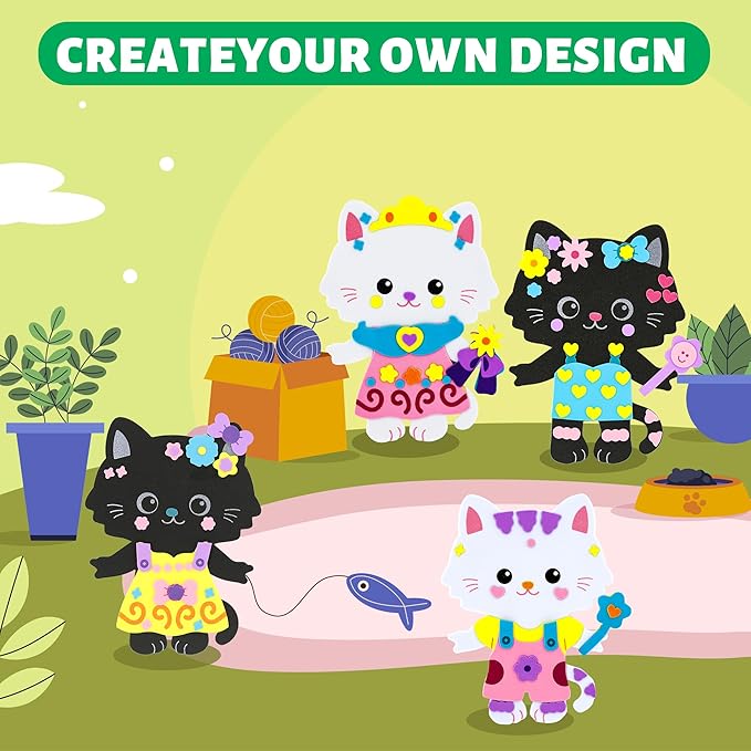 VKPI 4 Pieces Cats Foam Art Crafts Gift Kit, Creative Make Your Own Kittens, Cartoon Foam Paper Craft Projects for Kids Ages 4+ Toddler, Preschool Learning Toy for Birthday Party Favor Supplies