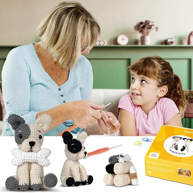 MOREJMTT Crochet Kit for Beginners Animal,Crochet Animal Kits,Crocheting Kit for Starters,Learn to Crochet with Step-by-Step Video Tutorials,Beginner Crochet Kits for Adults(2 Pack French Bulldog)