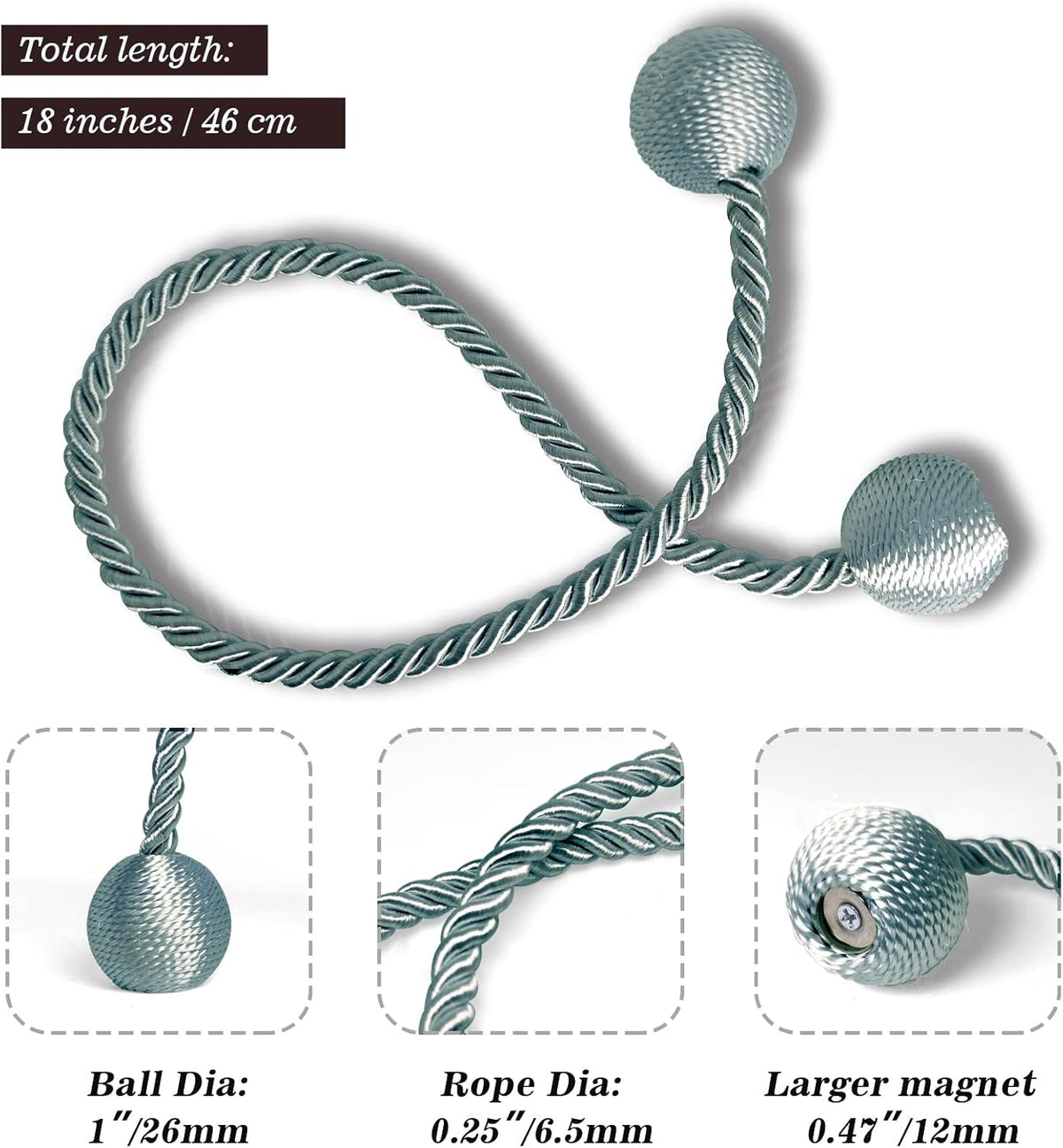 Hion Magnetic Curtain Tiebacks Gray Blue 2 Pack, Curtain Tiebacks Buckles Holdbacks Holders Hooks Clip for Home Bedroom Office Decorative Thick or Thin Curtain
