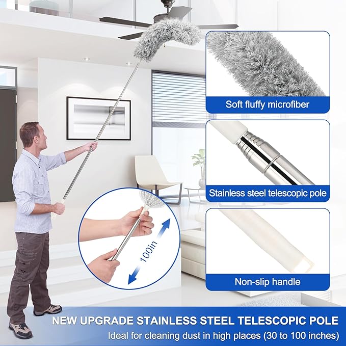 Microfiber Duster with Extension Pole(Stainless Steel) 30 to 100 Inches, Washable Dusters, Reusable Dusters, Bendable Duster for High Ceiling, Cleaning Ceiling Fan, Furniture, Blinds, Cars