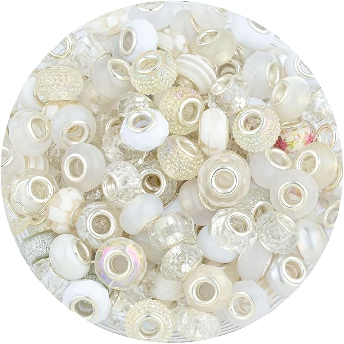 LAIDANLA White Mix Large Hole Beads, 100pcs 15mm Round European-Style Resin, Plastic, Acrylic Craft Beads for Jewelry Making, Bracelet, Necklace, Decoration