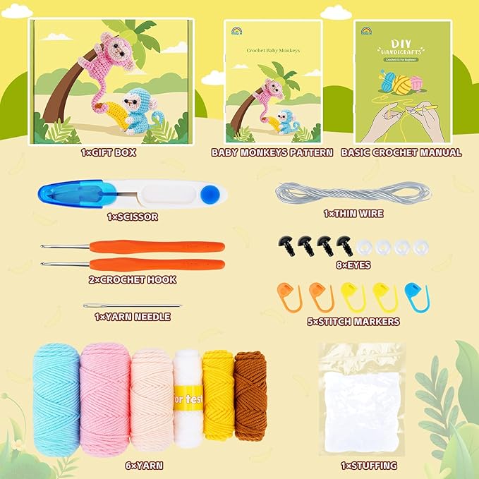 Crochet Kit for Beginners - 2 PCS Monkey with Banana Crochet Kits with Step-by-Step Video Tutorials, Beginner Crochet Kit for Adults, Crochet Monkey Kit for Kids (Blue & Pink)