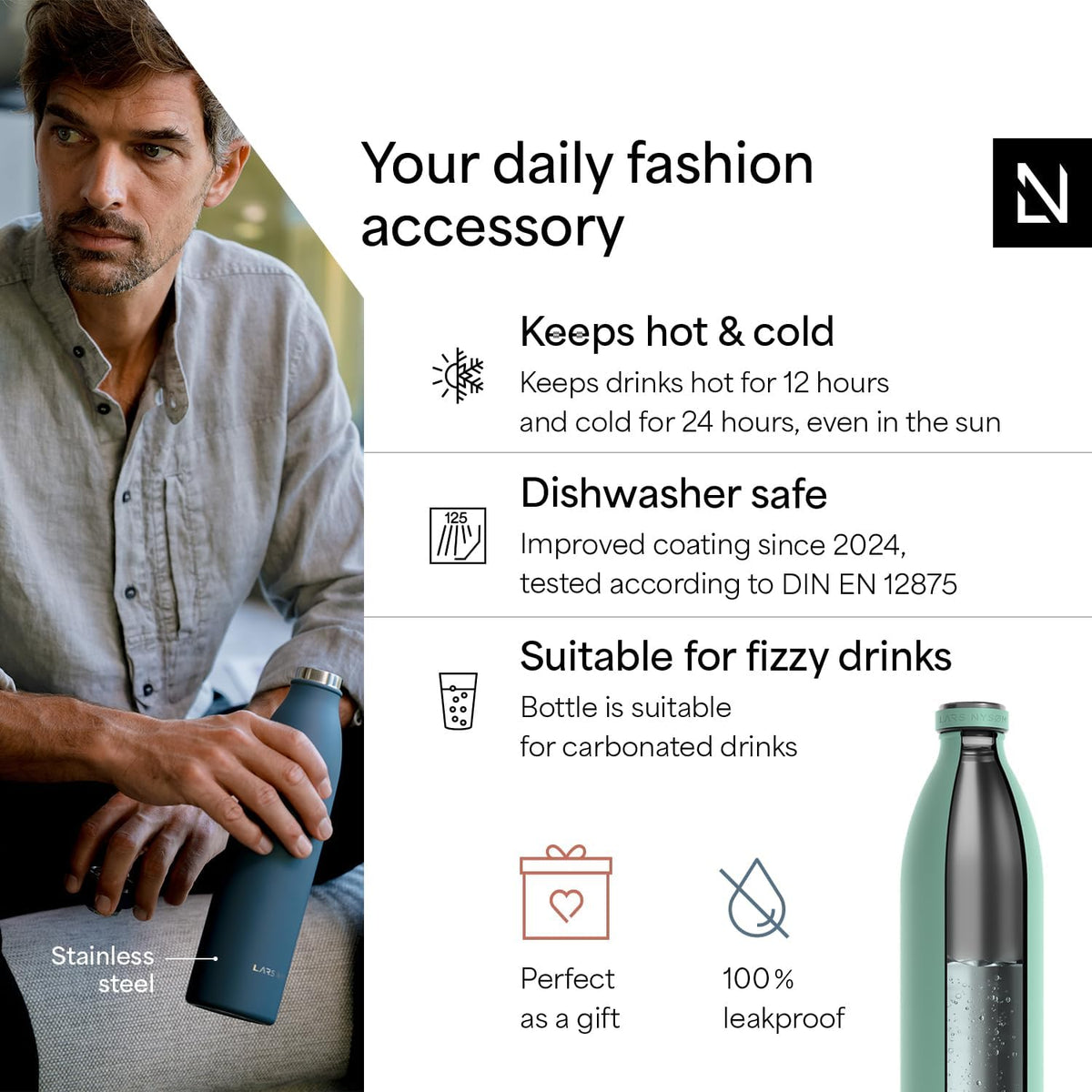 LARS NYSØM Stainless Steel Insulated XL Water Bottle 12oz 17oz 25oz 34oz 51oz | Insulated Thermo Flask for Hot and Cold Beverages | Leakproof Drinking Bottle (Aqua Turquoise, 50.7 oz)