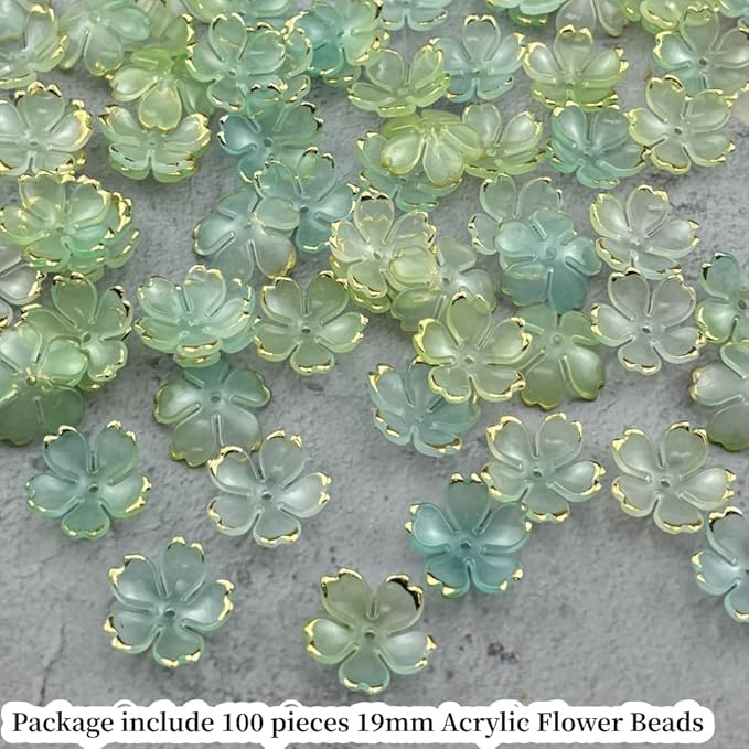 100pcs Acrylic Flower Beads, 19mm Cherry Blossom Plastic Gradient Flower Spacer Beads for DIY Crafts Bracelet Necklace Earrings Jewelry Making(Blue Green)