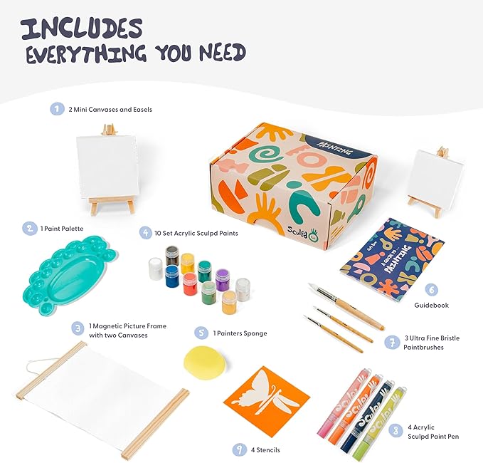 Sculpd Kids Painting Kit, Paint Craft Set for Kids Age 4 to 6, Includes 10 Colour Paint Set, 4 Paint Pens, 2 Canvases, Easels, Magnetic Picture Frame, Additional Art Supplies and Free Guidebook