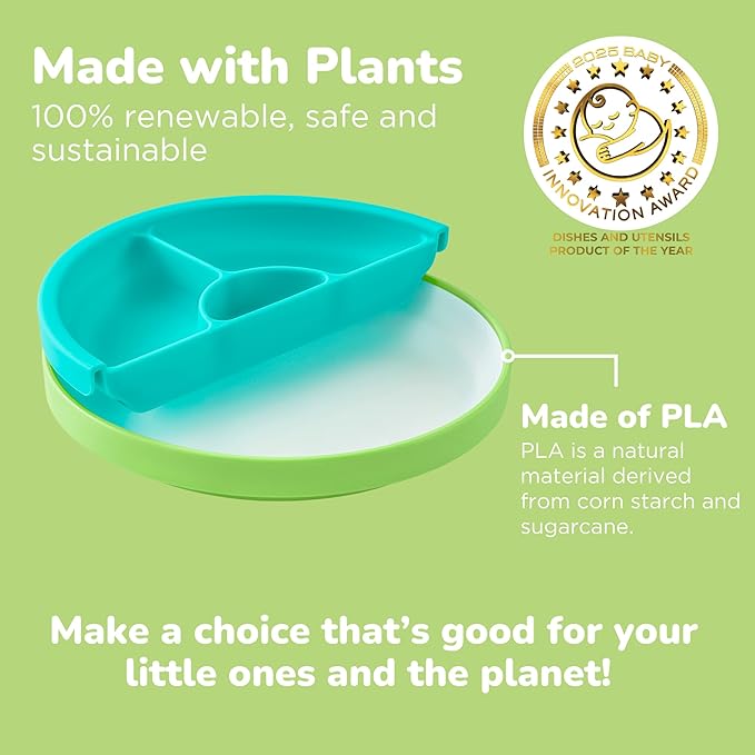 Omie® Easy Scoop Plates for Kids | Unique Design Helps Food Fall into the Spoon, Not on the Table | Made from Plants | 3 Plates + 2 Silicone Dividers | Green