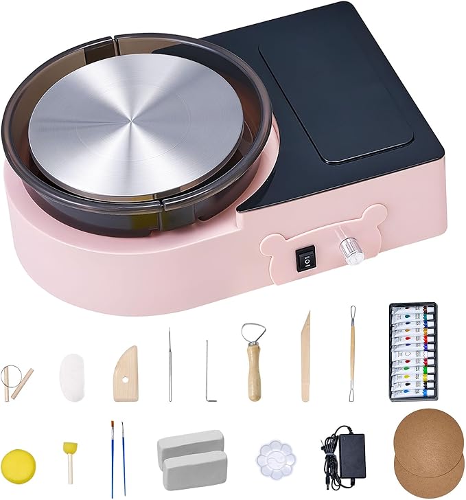 VEVOR Mini Pottery Wheel for Kids and Beginners, 6” Turntable, Two-Way Rotation, Adjustable Speed, Complete Pottery Set with Clay Art Supplies Sculpting Tools, Craft Gifts for Kids Teens Adults, Pink