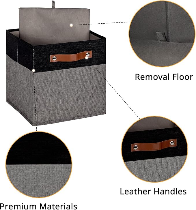 HNZIGE Fabric Cube Storage Baskets 11x11, Set of 4, Foldable Baskets with Handlesfor Organizer Closet(Black Gray)