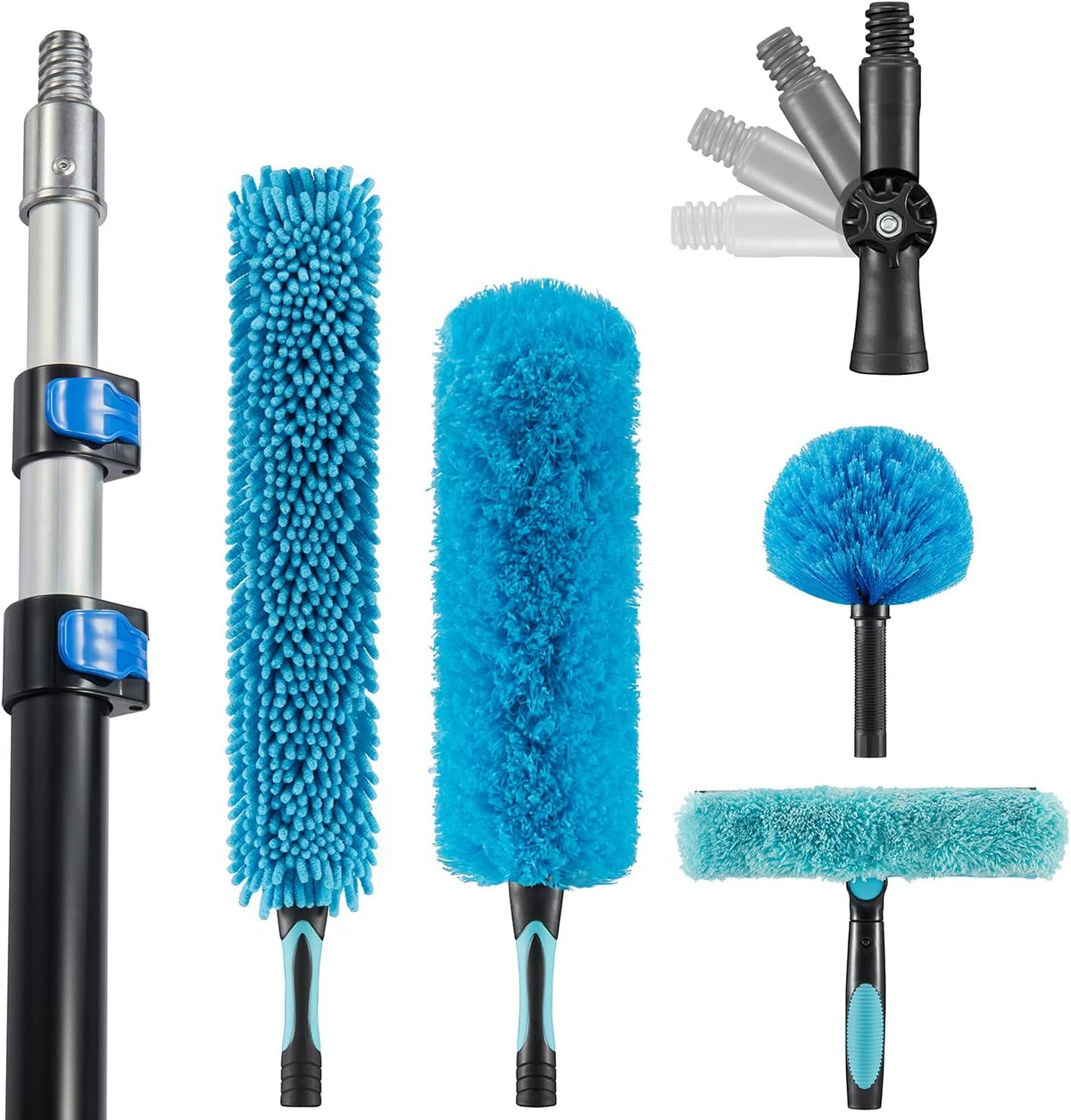 30 Foot High Ceiling Fan Duster with 6-24 Foot Extension Pole, Extendable Reusable Cobweb, Feather, Window Cleaning Squeegee Kit