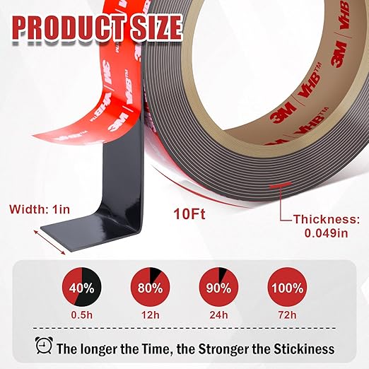 3M VHB 5952 Double Sided Tape Heavy Duty, 10FT x 1IN Mounting Tape, Strong Double Sided Tape Heavy Duty for Automotive, Metal, Plastic, Removable Without Residue for Home Decor & Outdoor Use