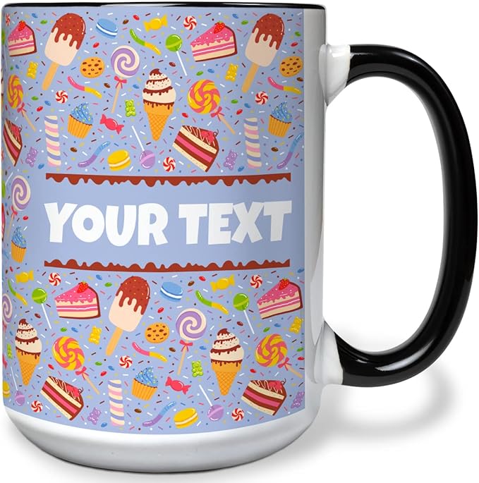 Personalized Mug for Kids - Sweets - Custom Name/Text, Ceramic Hot Chocolate/Cocoa/Coffee Cup for Boys/Girls, Birthday/Christmas/Holiday Gift - 15 oz, Black Handle