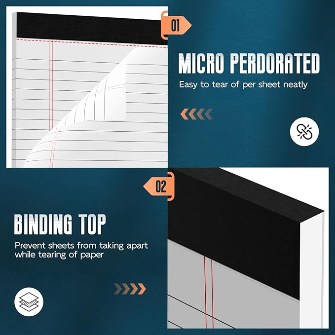 White Legal Note Pads 8.5 x 11'', 12 Pack Legal Paper Note Pads 8.5x11, Micro Perforated Wide Ruled Lined Writing Pads 30 Sheets for Home Office School Work, Legal Notepads Double-Side Printed Per Pad
