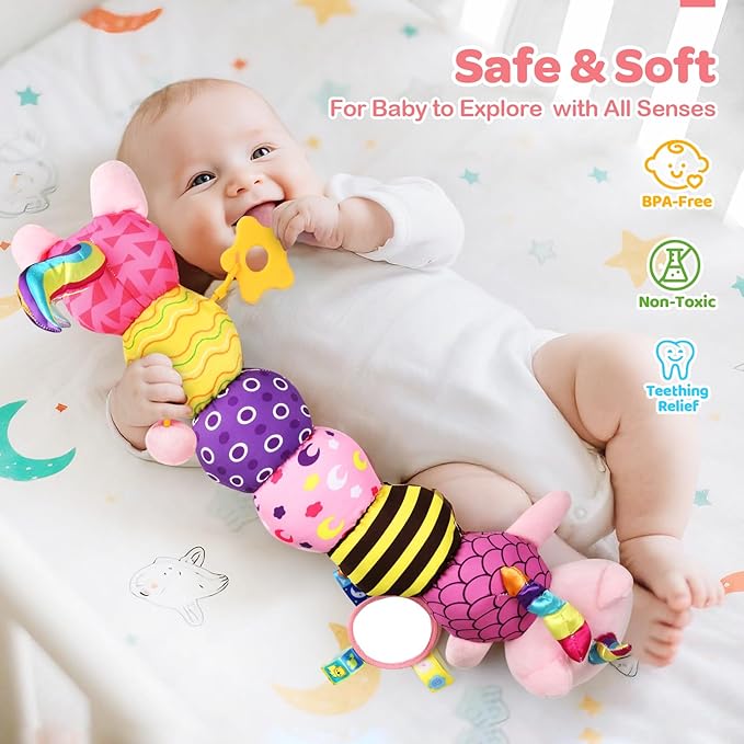 Baby Sensory Toys 0-6 6-12 Months, Musical Animal Stuffed Plush Unicorn Cat Toy for Infant 0-3-6 Months & Up, Tummy Time with Mirror Crinkle Rattle, Christmas Baby Shower Gifts for Newborn Boys Girls