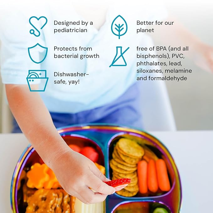 Ahimsa Stainless Steel Plates for Kids - Divided Plates for Toddlers, Pediatrician Designed, Non Toxic Toddler Plate, BPA Free & Dishwasher Safe (Rainbow Set of 4)
