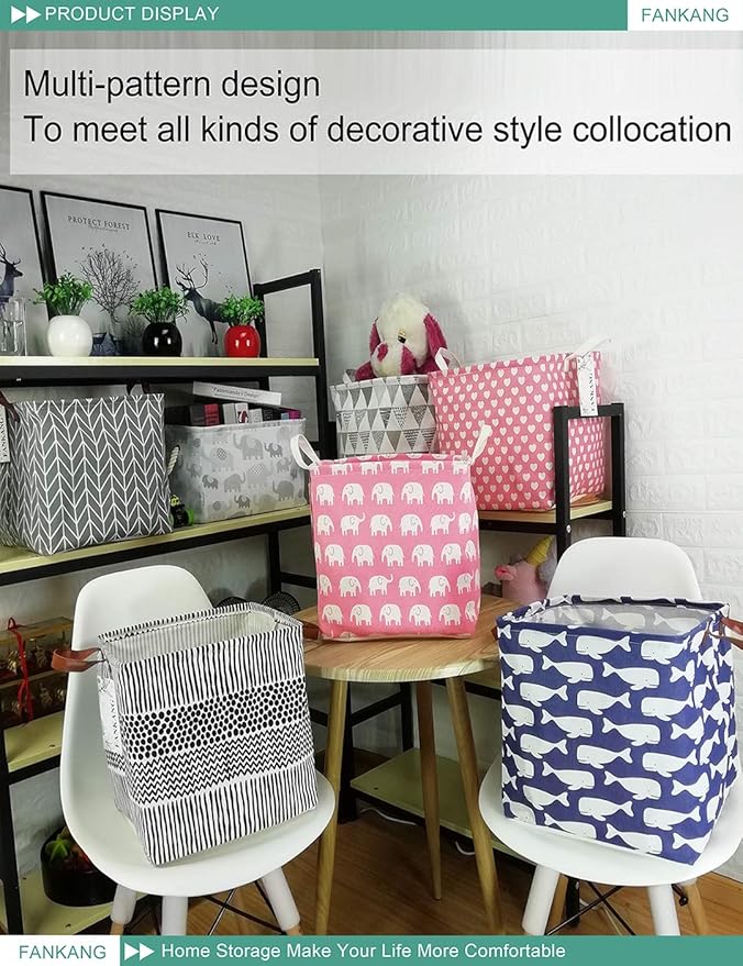 FANKANG Square Nursery Hamper Storage Bins Canvas Laundry Basket Foldable with Waterproof PE Coating Storage Baskets Gift Baskets for Children, Office, Bedroom, Clothes（Square-Black Lines ）