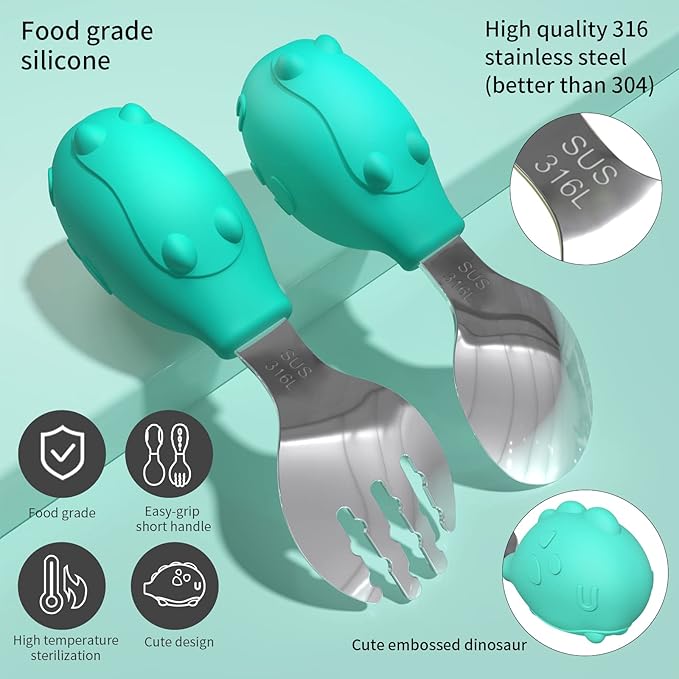 Deejoy Toddler Utensils - Stainless Steel Spoons and Forks, Kids Silverware Self Feeding Flatware Set with Travel Safe Case (Green)