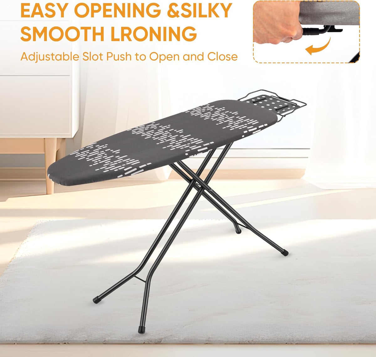 Deluxe Ironing Board with Heat Resistant Cover and Thicken Felt Pad, Safety Iron Rest, 4 Premium Steel Legs, Height Adjustable,Foldable