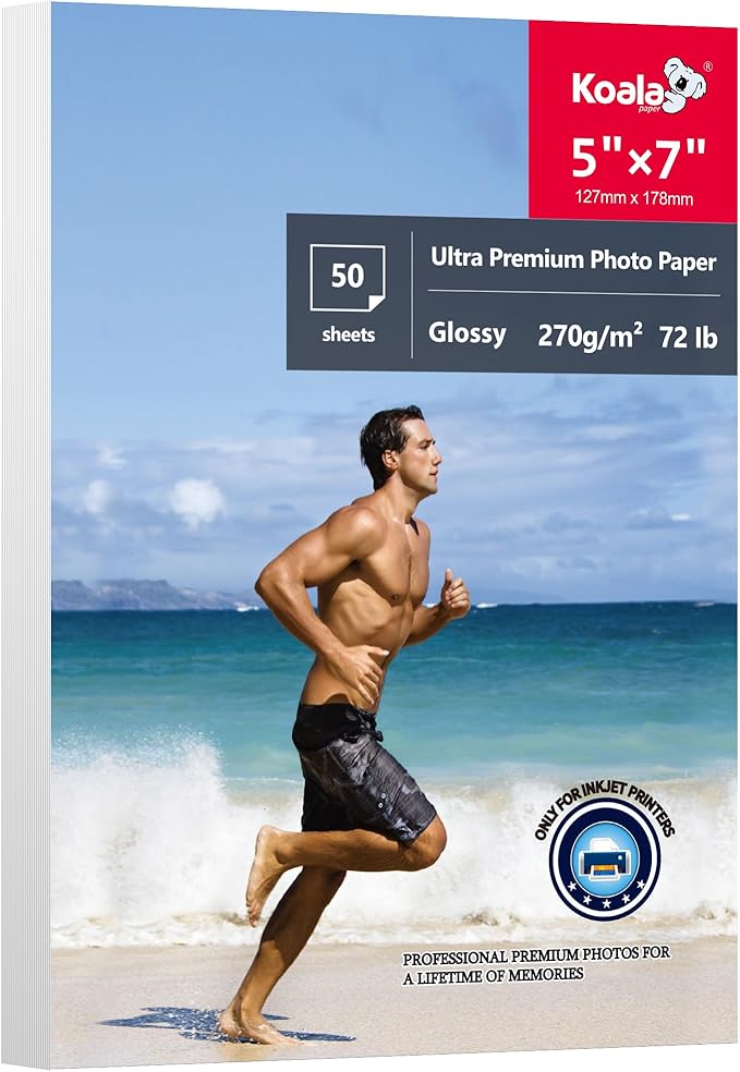 Koala Ultra Premium Photo Paper 5x7 In Glossy Photo Printer Paper for Inkjet Printer Water Resistant 50 Sheets 72lb