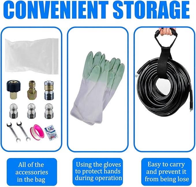 Sewer Jetter Kit for Pressure Washer 50FT, 5800PSI Water Jet Drain Cleaner Hose with 4 Sewer Jetting Nozzles, 1/4 Inch NPT Corner, Waterproof Tape and Handle Strap