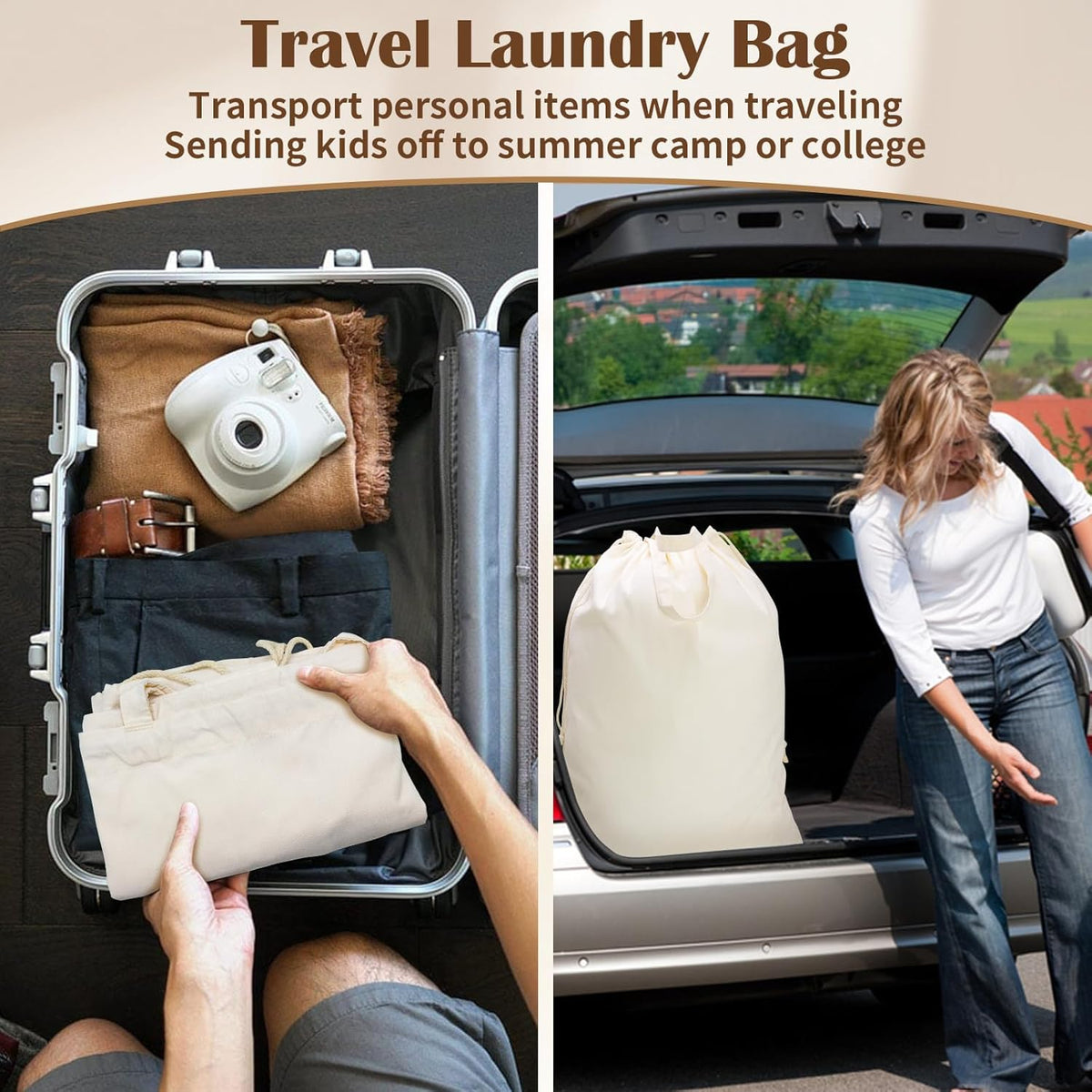 Canvas Laundry Bag with Handles & Drawstring 23.6"x35", Dirty Clothes Travel Bag, Heavy Duty Washable Cotton Laundry Sack for Travel, Camp, College (2 Pack)
