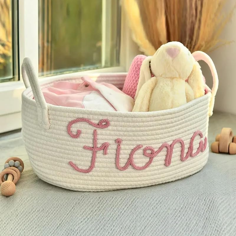 Personalized Baby Name Basket, Custom Woven Baby Shower Gift Basket with Cotton Rope Handle Baby Diaper Nursery Shelf Storage Basket Bin for Kids' Bedroom (Style 4)