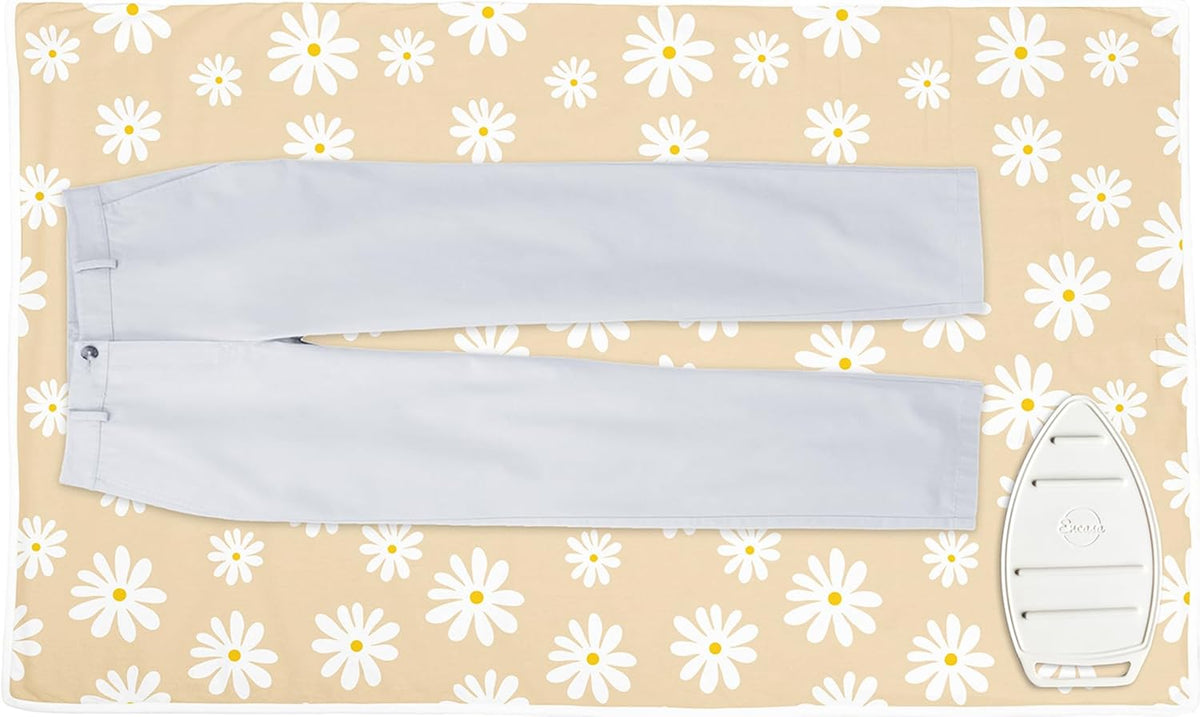 Encasa XO Ironing Mat/Pad (Large 48"x28") with 3mm Padding & Silicone Iron Rest for Steam Pressing on Tabletop or Bed - Heat Resistant, Portable, Quilting & Travel Blanket - Daisy Beige
