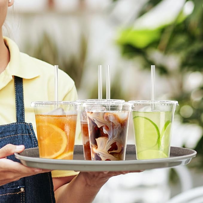 100 Pack - 16 oz Clear Plastic Cups with Lids and Straws, Sturdy & Food Safe Iced Coffee Cups with lids, Disposable Plastic Smoothie Cups for Cold Drinks
