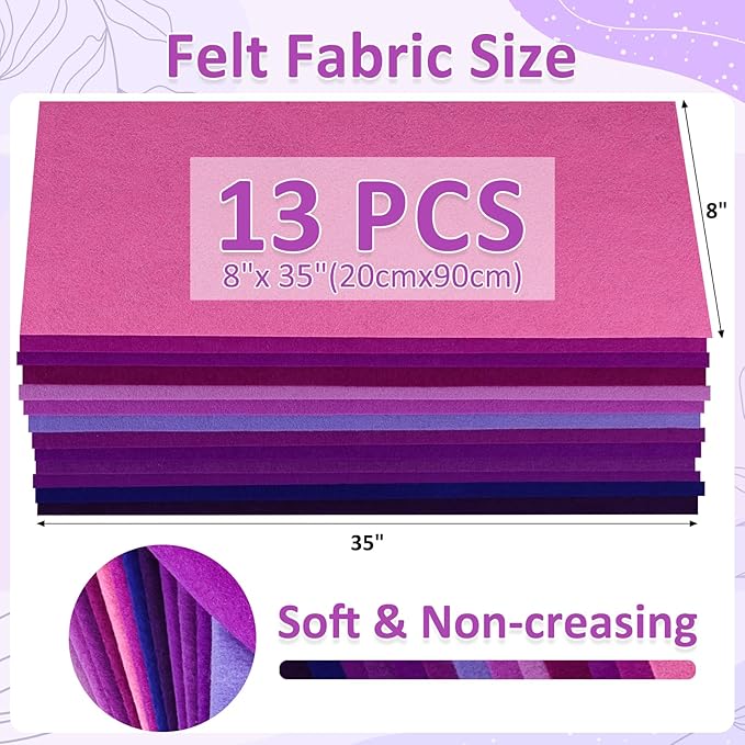 XSEINO 13 Rolls 8"x35" 1.4mm Thick Soft Felt Fabric Sheet 13 Assorted Purple Series Colors Felt Pack for DIY Craft Sewing Squares Nonwoven Patchwork