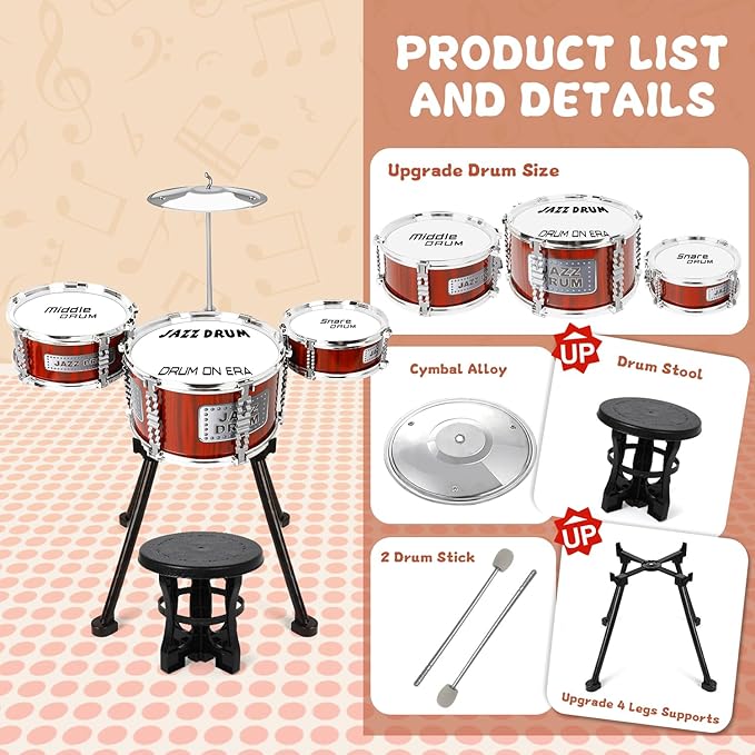 Kids Drum Set Music Toy Drum Set for Toddlers Ages 3-5 Jazz Drums Kit with Stool, 3 Drums Percussion Musical Instruments Toys for 3 4 5 Year Old Boys Girls Gifts