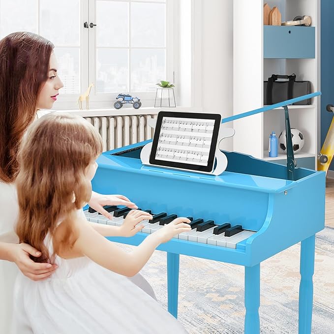 Goplus 30-Key Classical Kids Piano, Mini Grand Piano Wooden Learn-to-Play Musical Instrument Toy with Bench, Piano Lid, Music Rack, Gift for Boys Girls Aged 2+ Baby Toddler (4 Straight Leg-Blue)