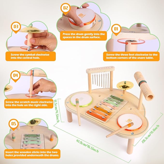 Asweets 7 in 1 Kids Drum Set for Toddlers Wooden Xylophone Musical Instruments Kit Play Set for Toddler Baby Drum Set Montessori Toys Sensory Toys Birthday Gifts for Girls Boys (Cloud)
