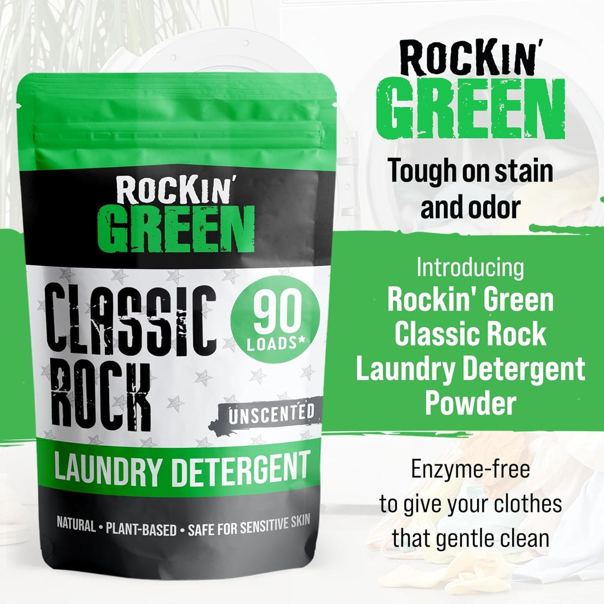 Rockin' Green Classic Rock Laundry Detergent Powder (90 Loads) - All Natural Laundry Detergent - Sensitive Skin Laundry Powder (Unscented)