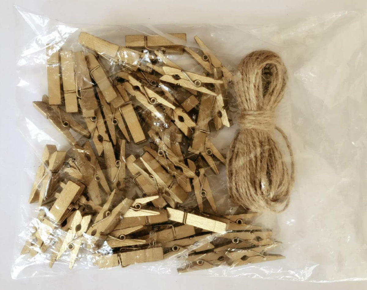 DurReus Small Wooden Clips Cute 1.5 Inch Clothespin Photo Paper DIY Craft Holder with Jute Twine Gold Pack 50