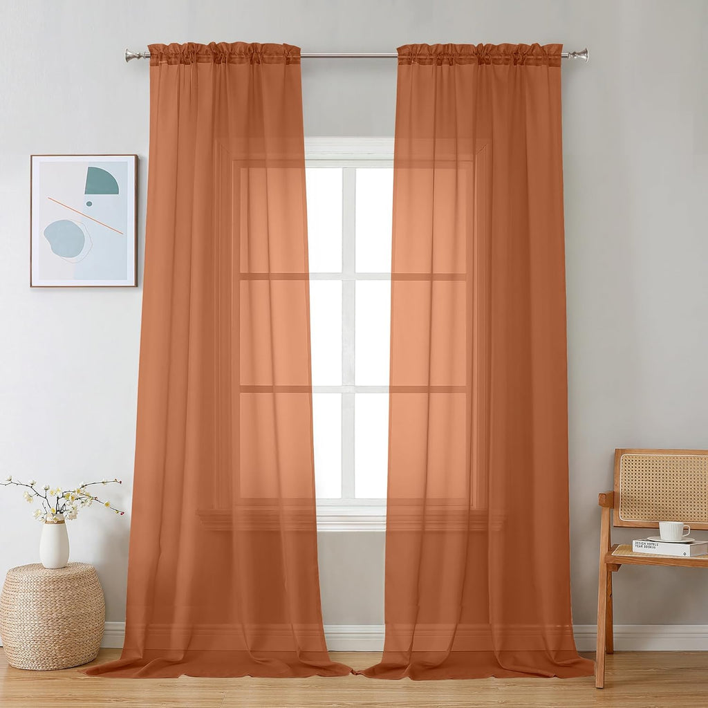 Chyhomenyc Sheer Orange Curtains 90 inches Long 2 Panels, Light Filtering Soft Airy Solid Elegant Voile Window Treatment Drapes for Bedroom Living Room Wedding Party Decor, 42 Wx90 L Inches