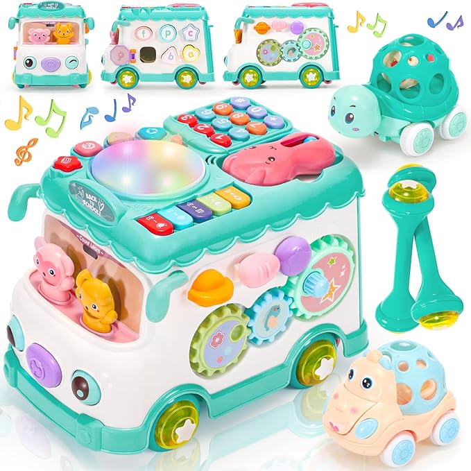 Baby Gift for 1-2 Year Old Girl, 10-in-1 Montessori Toys Bus for Baby 6-12-18 Months+, First Christmas and Birthday Gifts, Blue Educational Musical Sensory Learning Toddler Toys Age 1-2