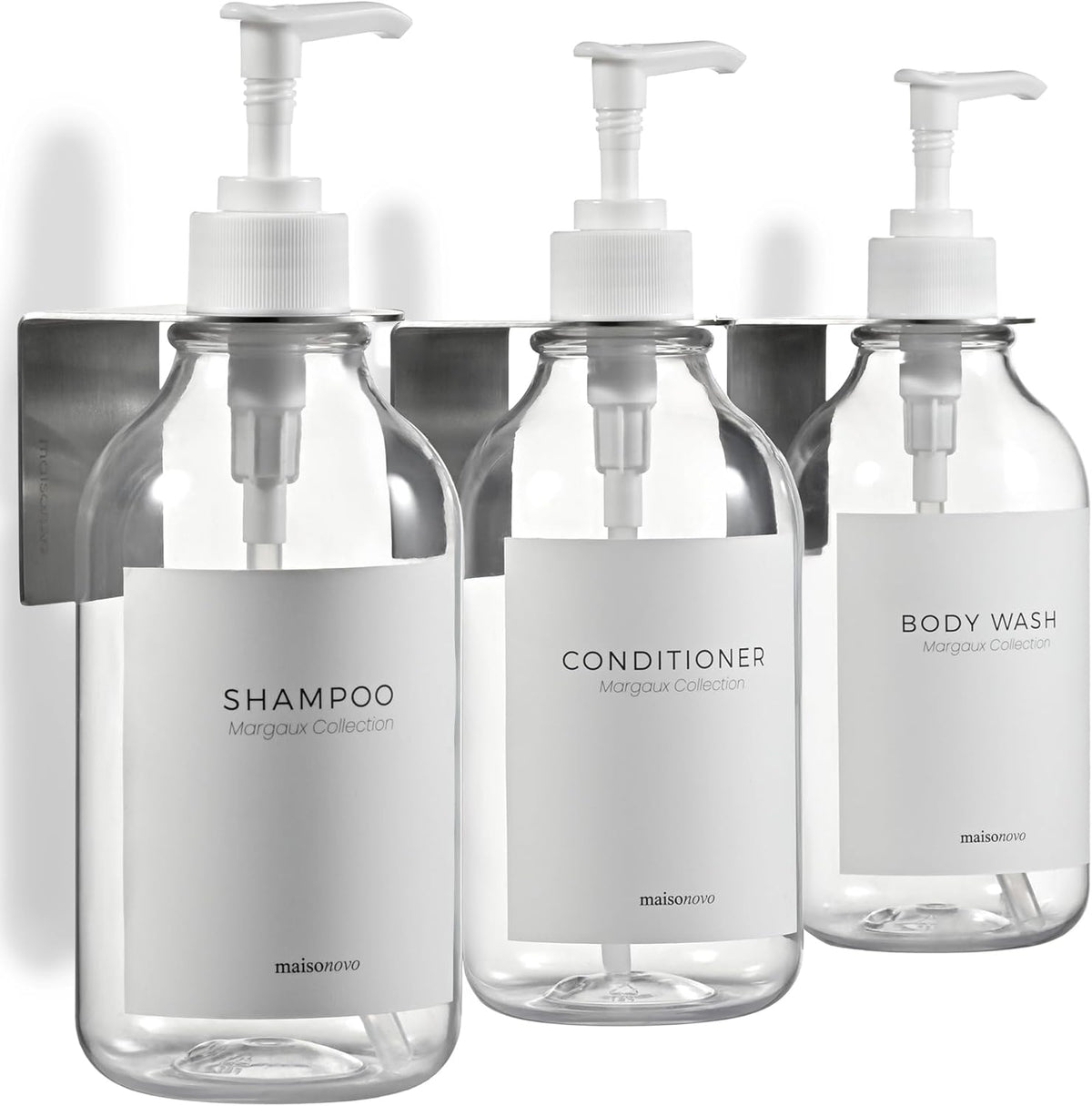 MaisoNovo Shampoo and Conditioner Dispenser - Shower Soap Dispenser Wall Mounted - 16.9 fl oz Set of 3 Clear Plastic Bottles White Pump - Shampoo Dispenser, Shower Dispenser 3 Chamber No Drill