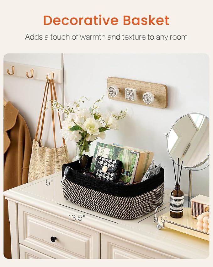 KALLAX Small Woven Basket, 13.5 x 9.5 x 5 Inches, Storage Basket for Organizing, Cute Small Rope Shelf Closet Cube Storage Bins Baskets for Shelves, Dog Toy Gift Baskets Empty, 3 Pack Black & Brown